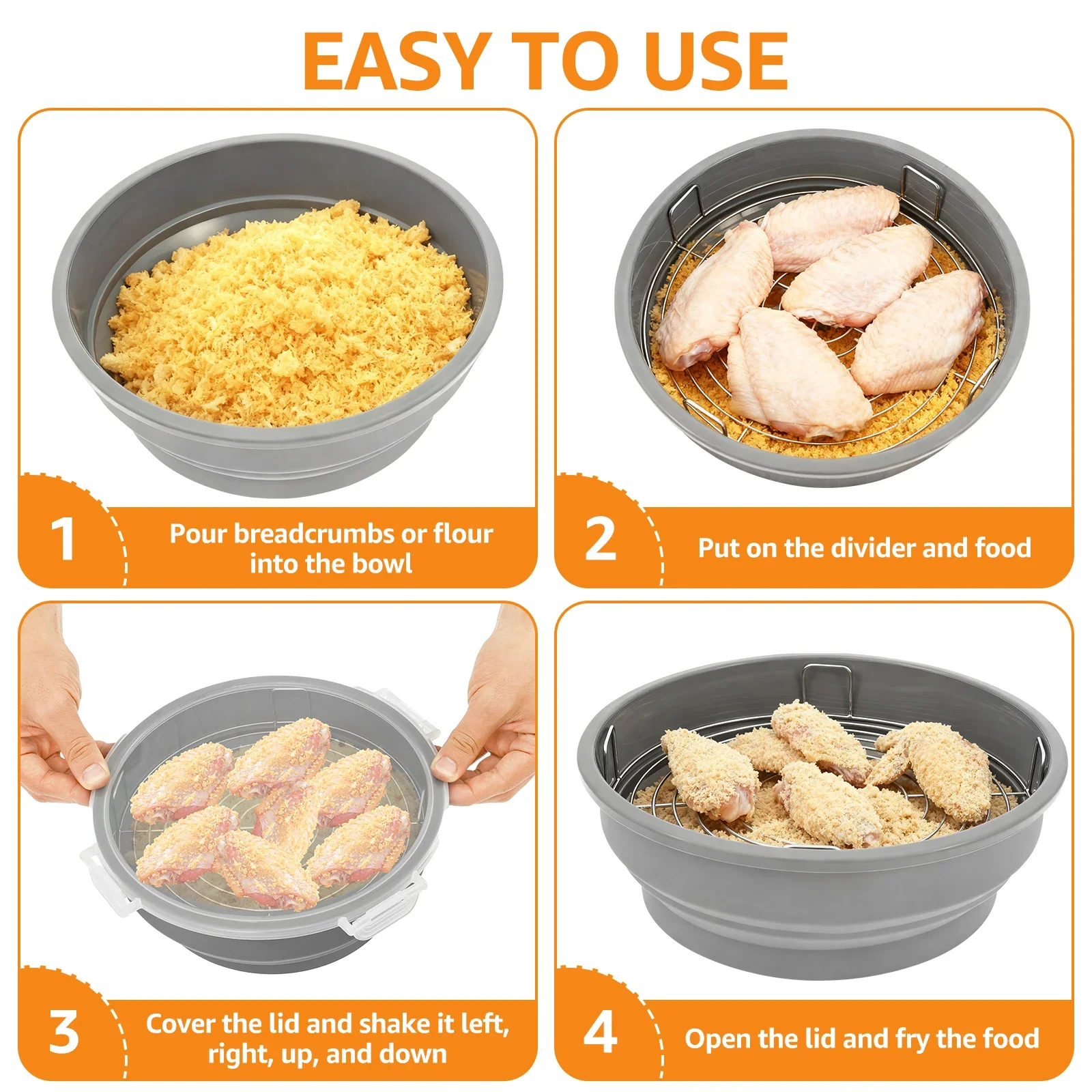 Silicone Batter Bowl All-in-One Mess Free Breading Station Tool Foldable Breading Shaker Bowl for Coating Fish Chicken Wings