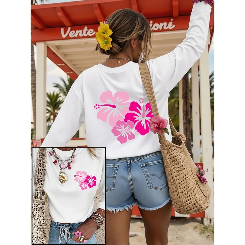 Camiseta con estampado de flores de hibisco rosa para mujer, top transparente de manga larga, cuello redondo holgado, adecuada para el hogar y para ir al trabajo