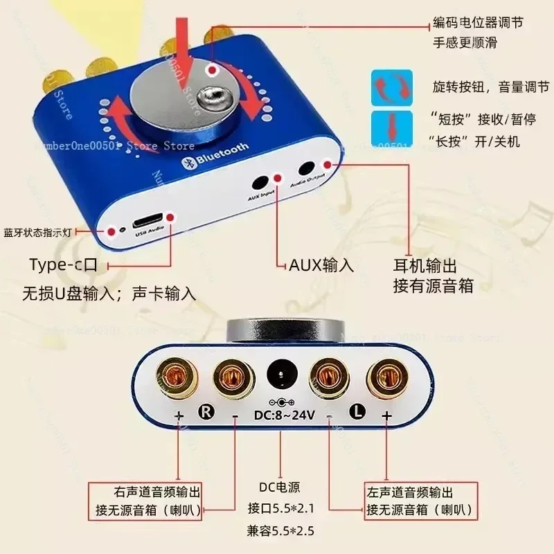 HIFI Audiophile 2.0 Stereo Bluetooth Digital Power Amplifier Board 50WX2 Speaker Audio Amplifier Car 12V24V