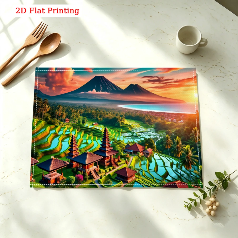 Tropical Terrace Landscape Kitchen Placemat Tropical Terrace Landscape Linen Pad Dish Coffee Cup Table Mat 1PC 30x40cm