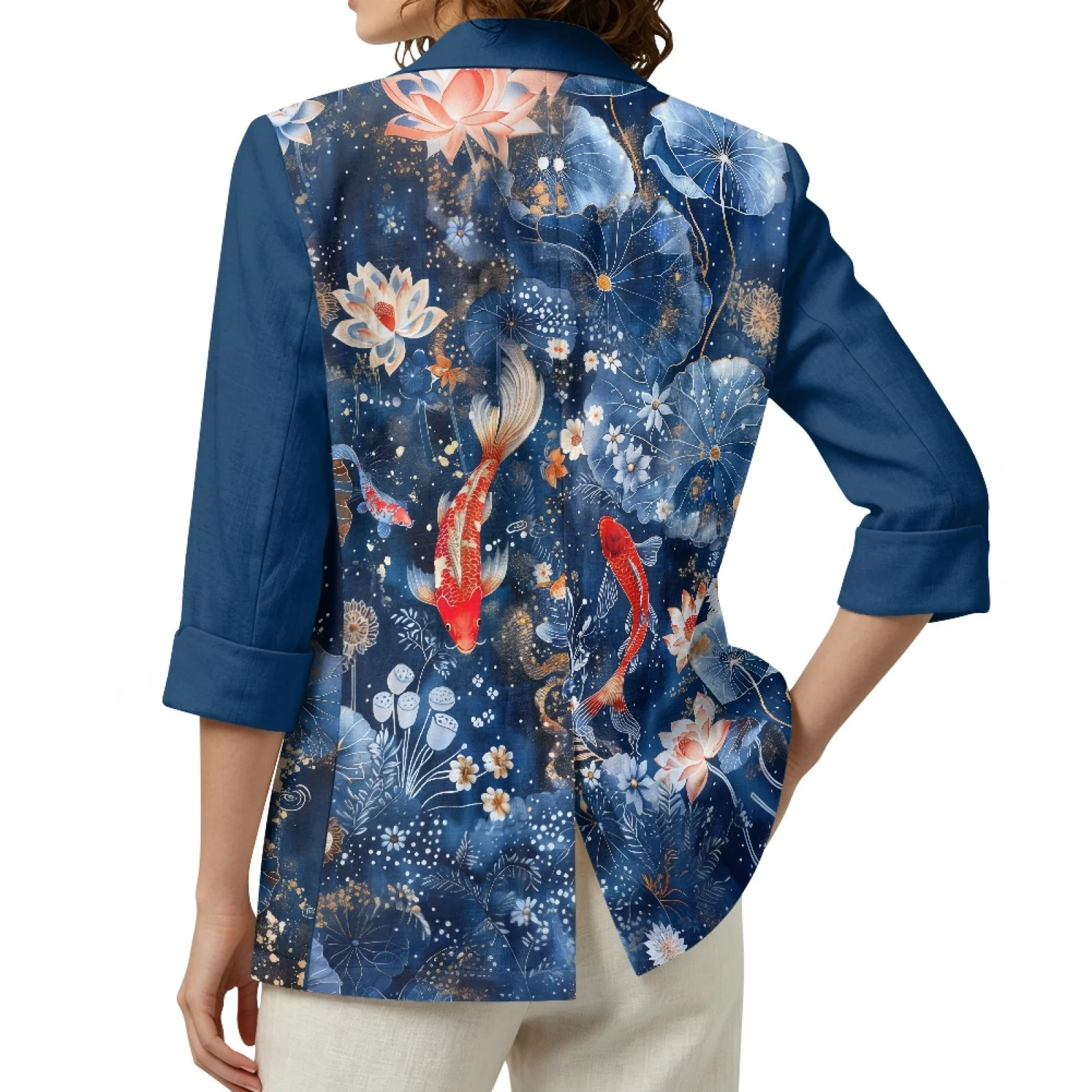 PENSTROLL Koi Fish Lotus Business Jacket, Linen Style Light Cover up Cardigan Sizes S-3XL for Women Beach and Office Wear