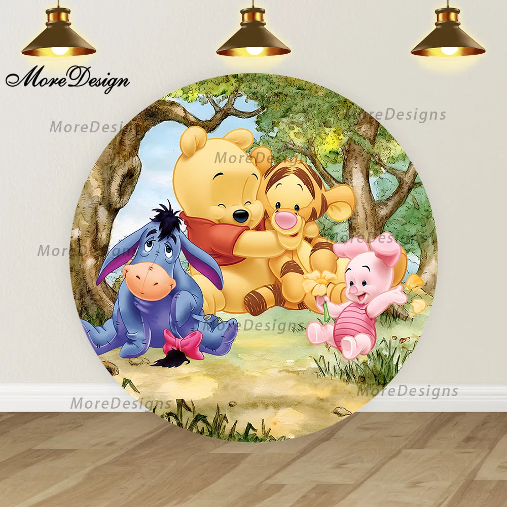 Winnie Bear Round Backdrop Covers Boys Cylinder Cover Birthday Party Vinyl Polyester Background
