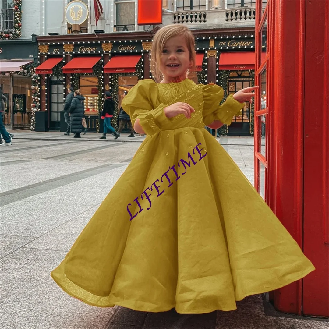 カスタマイズされた素敵な光沢のあるスパンコールフラワーガールドレス結婚式用ハイネック長袖パフフリル膝丈ドレス女の子誕生日