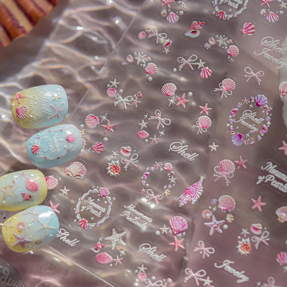 

Dream Shell Scallop Starfish Conch Coral Jellyfish Seahorse Pink Red Bowknots 5D Nail Art Sticker Self Adhesive Manicure Decal