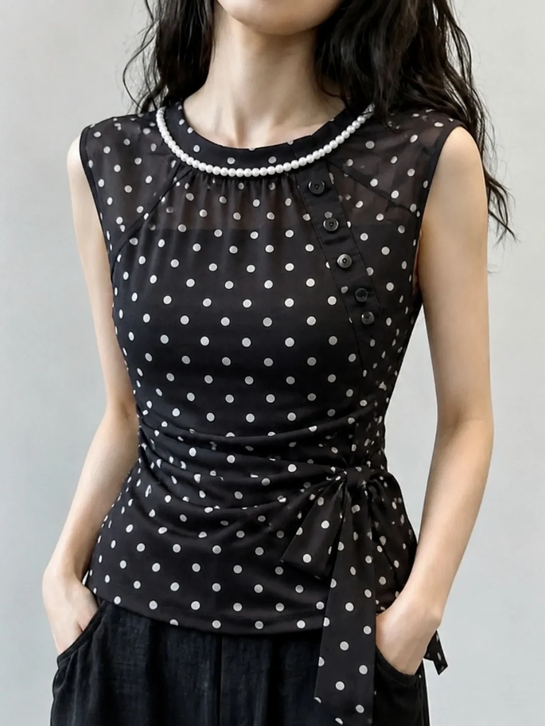 

Sleeveless Polka Dot Print Belted Slim Fit Top Summer Beautiful round Neck Embellished Soft Versatile Vest for Women