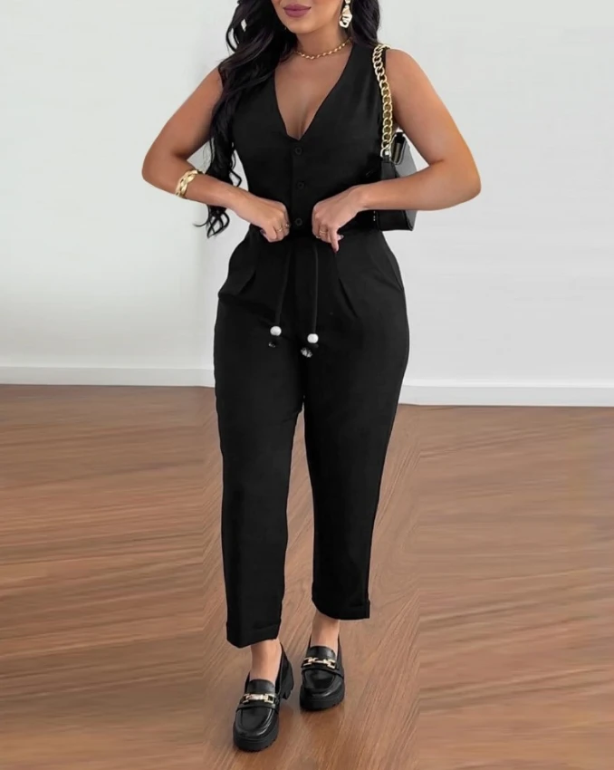 Sexy Elegant V-Neck Buttoned Vest Top Pocket Design Tied Detail Pants Set Womens Two Piece Sets New Fashion 2024 Summer Casual