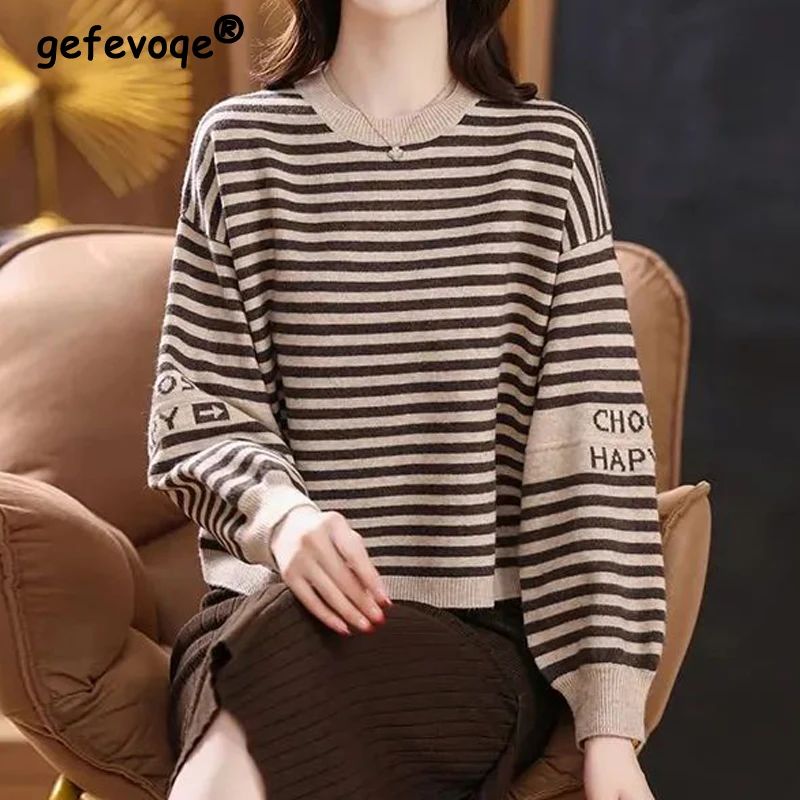 2023 Women Korean Style Striped Letter Chic Elegant Knitted Sweater Female Simple Casual Long Sleeve Pullover Tops Loose Jumpers