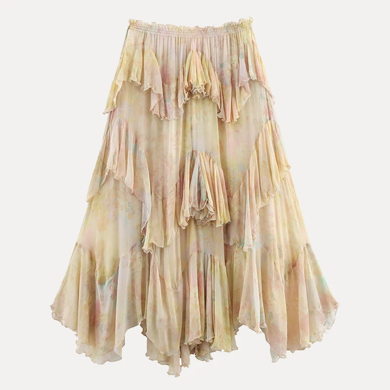 2025 Summer New Women's Faion Small Print Layered Decoration f Skirt High Waist Cake Skirt Polyester Fiber Loose Fit