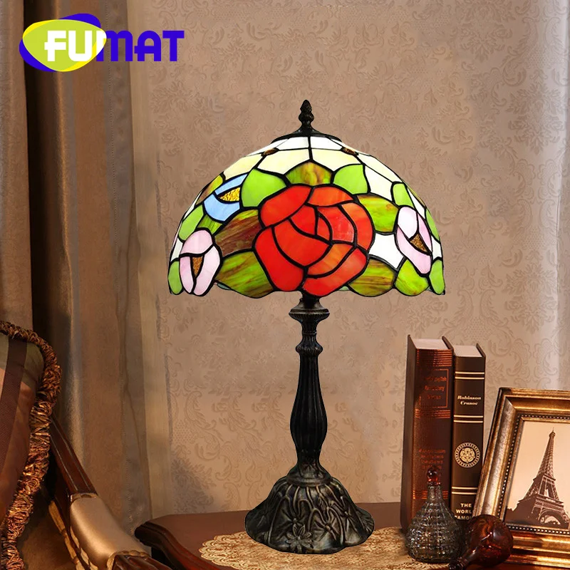 FUMAT Tiffany style stained glass gorgeous rose 12 inch desk lamp for dining room study bedroom bedside table lamp LED decor