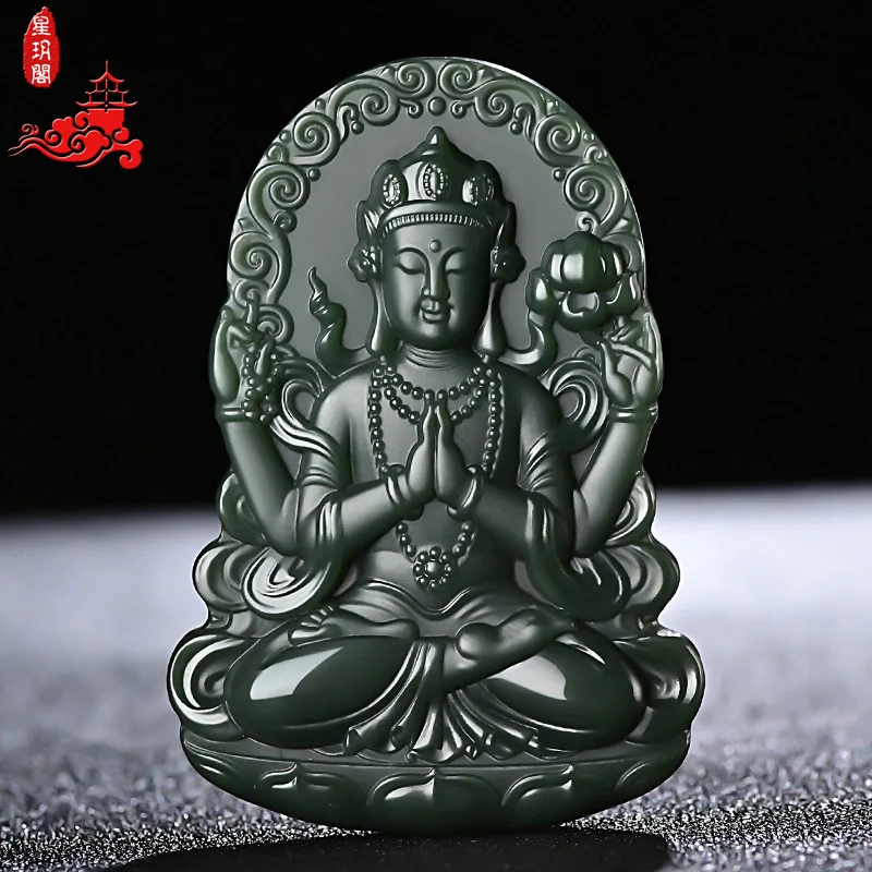 

Hetian Qingyu из тонкого материала, тантричный четырехручный Guanyin, мужской кулон в винтажном стиле, нефритовый артефакт