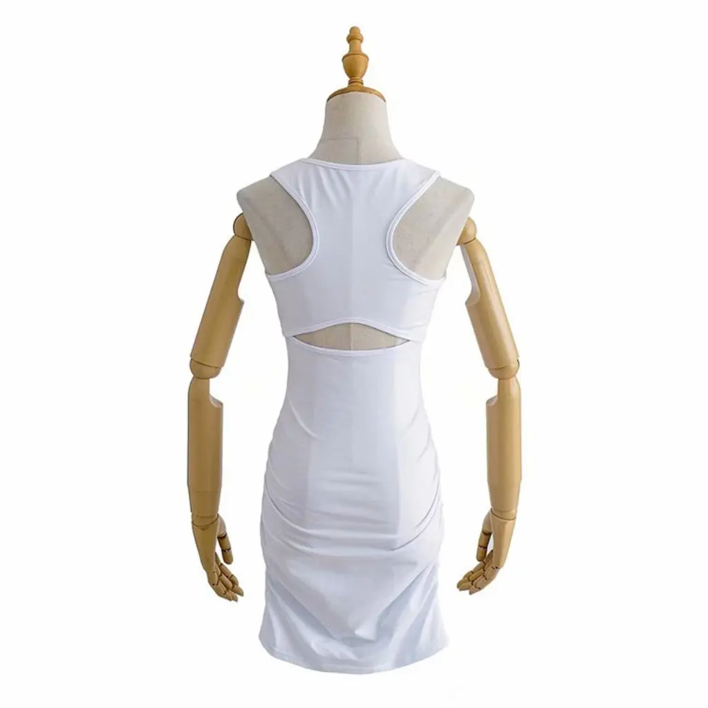 YPFF verão fino ajuste colete saia sem mangas em torno do pescoço cintura plissada estilo europeu americano vestido casual para mulher