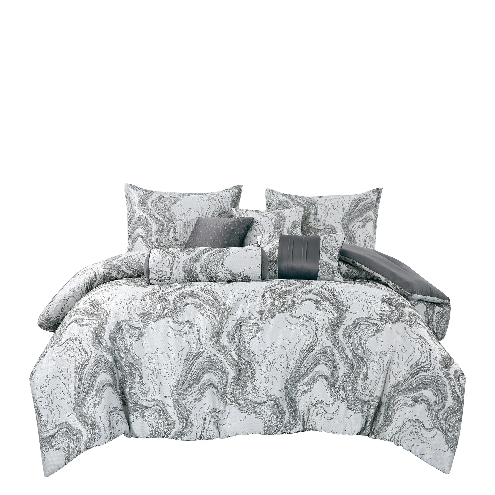 

7-Piece Jacquard Comforter Set with 4 Decorative Pillows, Marble Grey, Queen/King