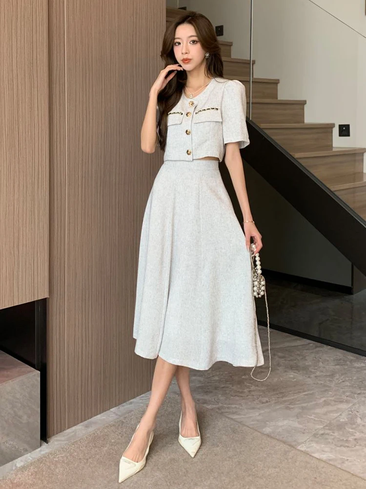 Small Fragrant Fashion New Summer Korean Sweet Elegant 2 Piece-Set Women Coat Top Midi Skirt Suits Womens Two Clothing Sets