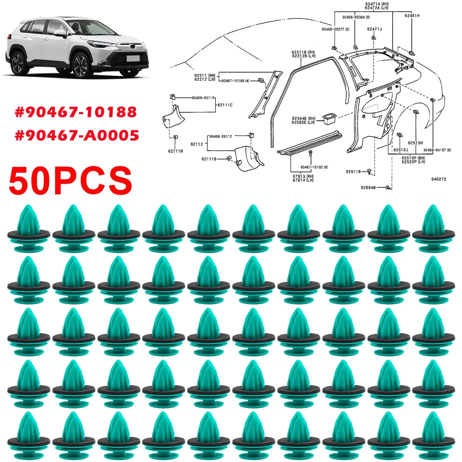 50x Door Trim Panel Retainer Clips with Gasket for Toyota Lexus 90467-10188 90467-A0005 Green Nylon Car Auto Bumper Fastener