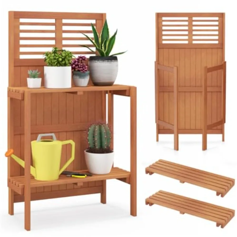 Mixed Wood Foldable Potting Bench Table for Outdoor Garden Portable Plant Stand with Shelf, Workstation for Repotting, Yard Wor