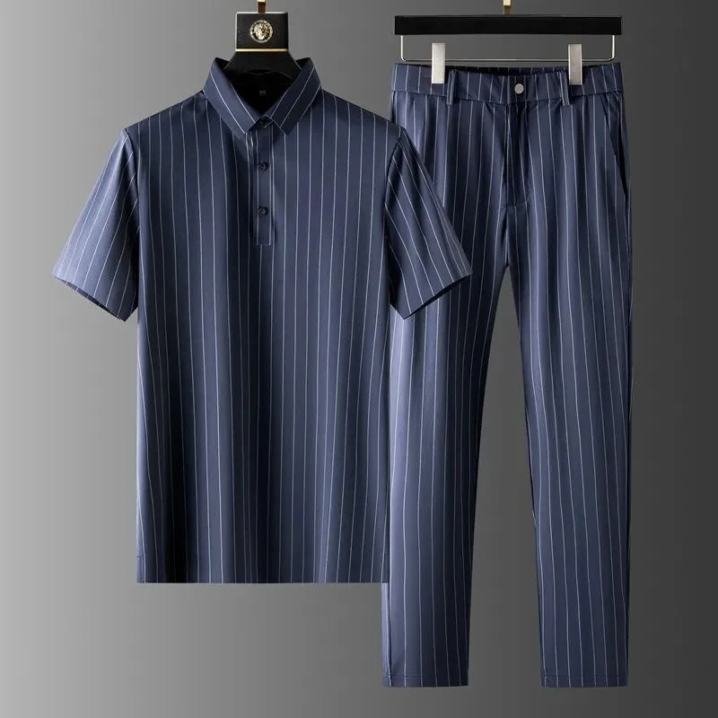 2024 Summer New Fashion Striped Ice Silk Suit Men\'s Casual Relaxed Comfortable Breathable High Quality Plus-Size Two-Piece Set