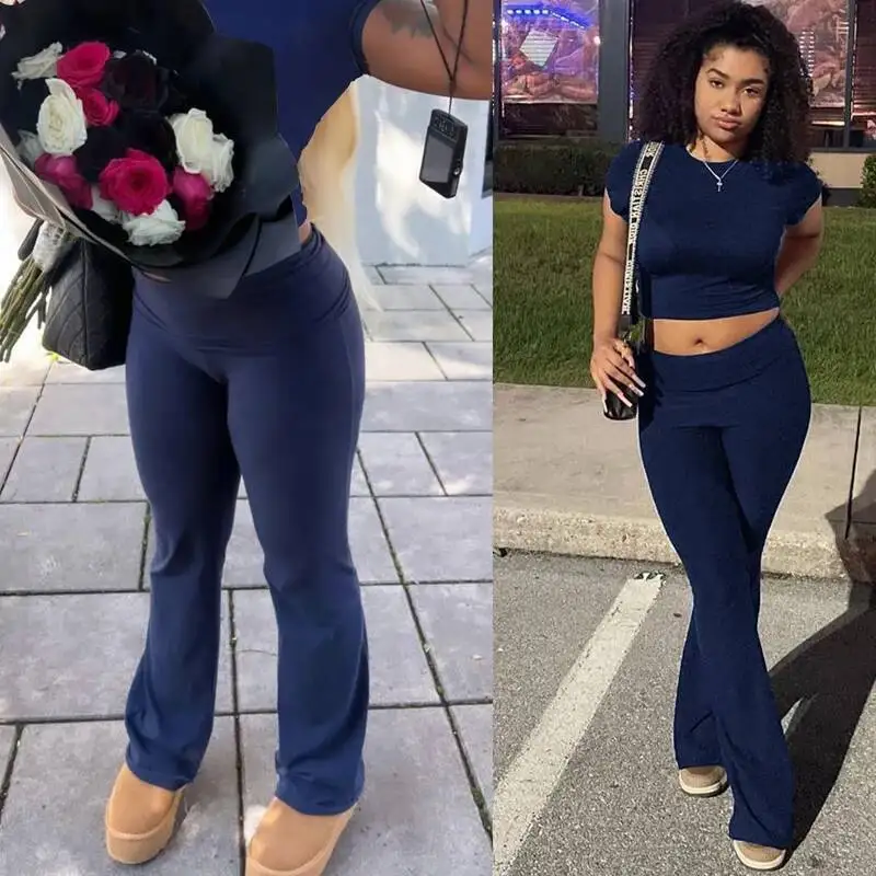 

Удобная хлопковая одежда для отдыха, женская одежда, эластичный тонкий укороченный топ и узкие брюки-клеш, костюм для спортзала, комплект из двух предметов