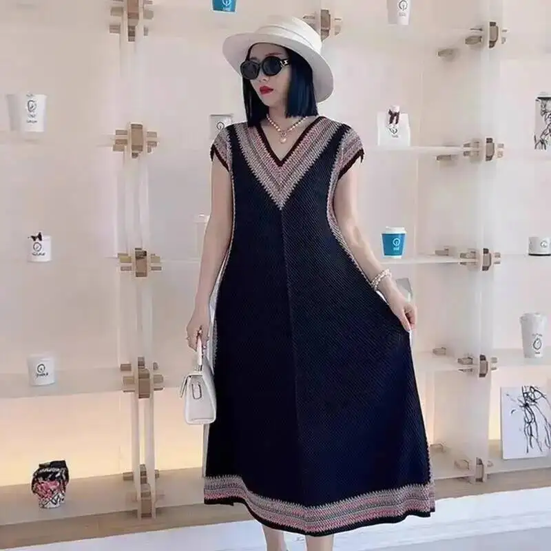Mid-Length Summer New Pleated Colorblock Women's Dress Fashion V-Neck Short Sleeve Elastic Loose Famale Clothing 2F4BY
