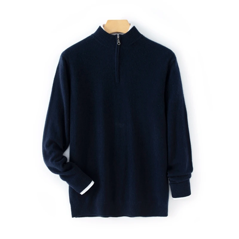 CHICUU Men's 100% Cashmere Sweater Zipper Pullover Mock Neck Long Sleeve Basic Cashmere Knitwear Autumn Winter Clothing Tops