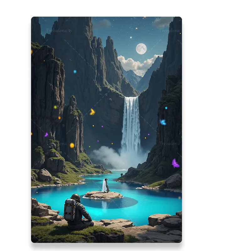 قطعة واحدة من نسيج الحائط "نسيج الشلال المسحور - منظر طبيعي خيالي مع مشهد ليلي بإضاءة القمر" #2