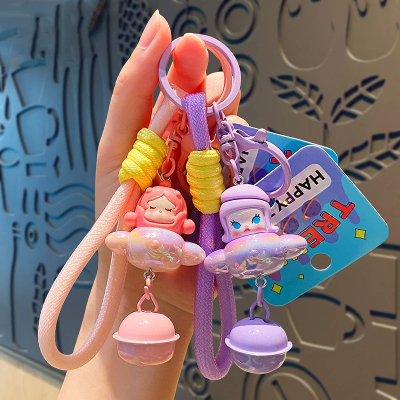 Cartoon Electroplated Bubble Female Pilot Helicopter Keychain Doll Cute Pink Girl On Plane Bell Bag Pendant Braided Rope Keyring