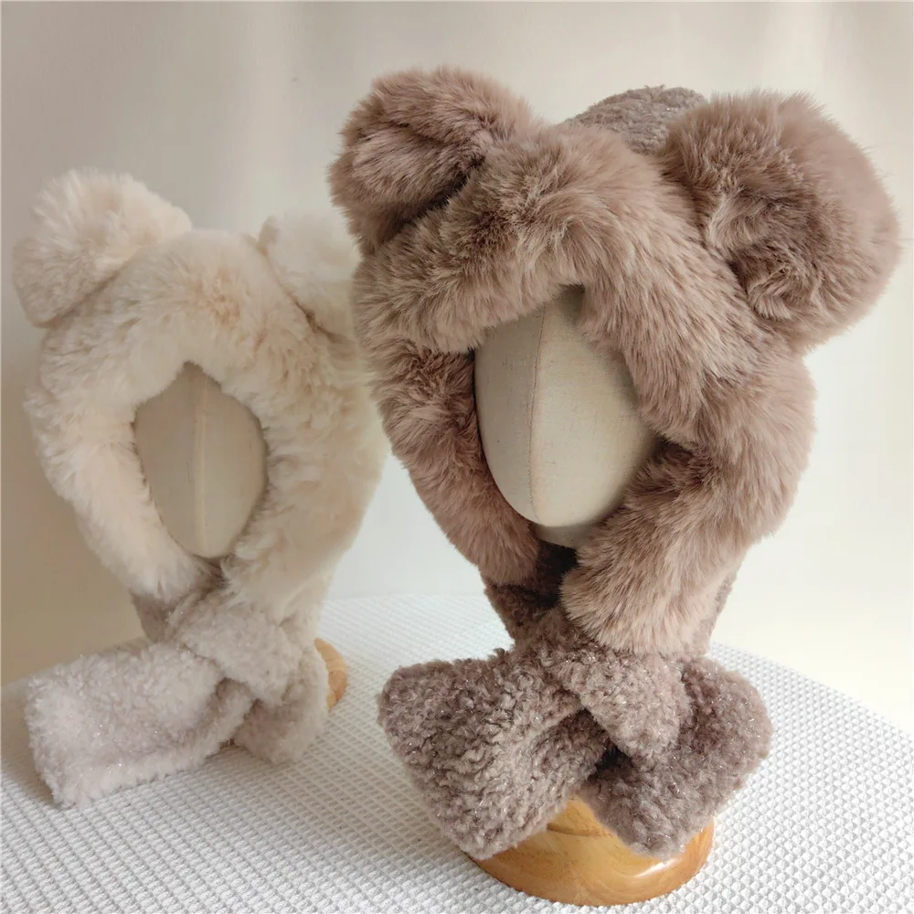 Conjunto de cachecol e chapéu de urso espesso feminino, pelúcia kawaii, tudo em um com capuz, boné de proteção de orelha, quente, inverno