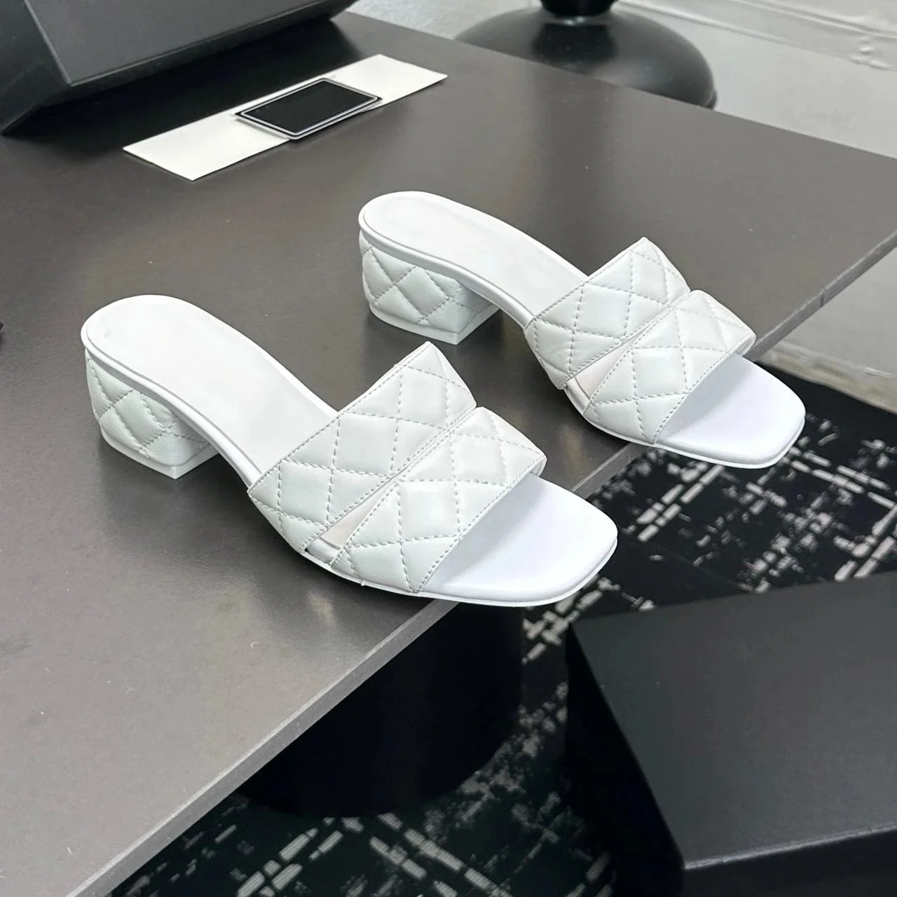Newest Summer Genuine Leather Open-Toe Mid Heel Woman Slippers Sewing Mules Slides Beach Shoes Outdoor Slippers Sapato Feminino