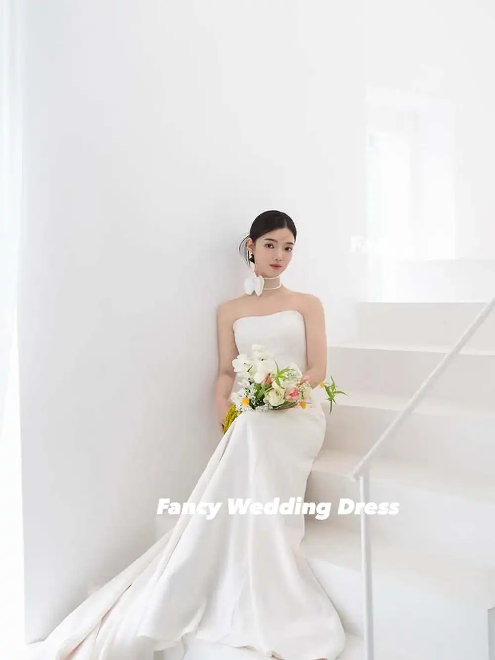 Vestido de novia de sirena sencillo y elegante, sesión de fotos de Corea, satén elástico, sin mangas, largo hasta el suelo, corsé trasero personalizado