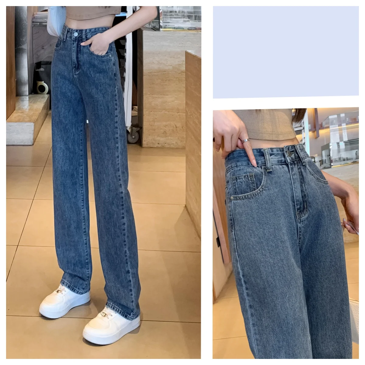 

Ladies' fashionable narrow straight leg jeans with high waist and slimming effect versatile and fashionable casual pants