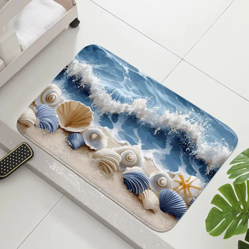 Vom Ozean inspirierte Muschel-Marine-Druck-Fußmatte, rutschfeste Bodenmatte für den Eingangsbereich, Wohnzimmer, Schlafzimmer, Küste, Heimdekoration, waschbarer Teppich