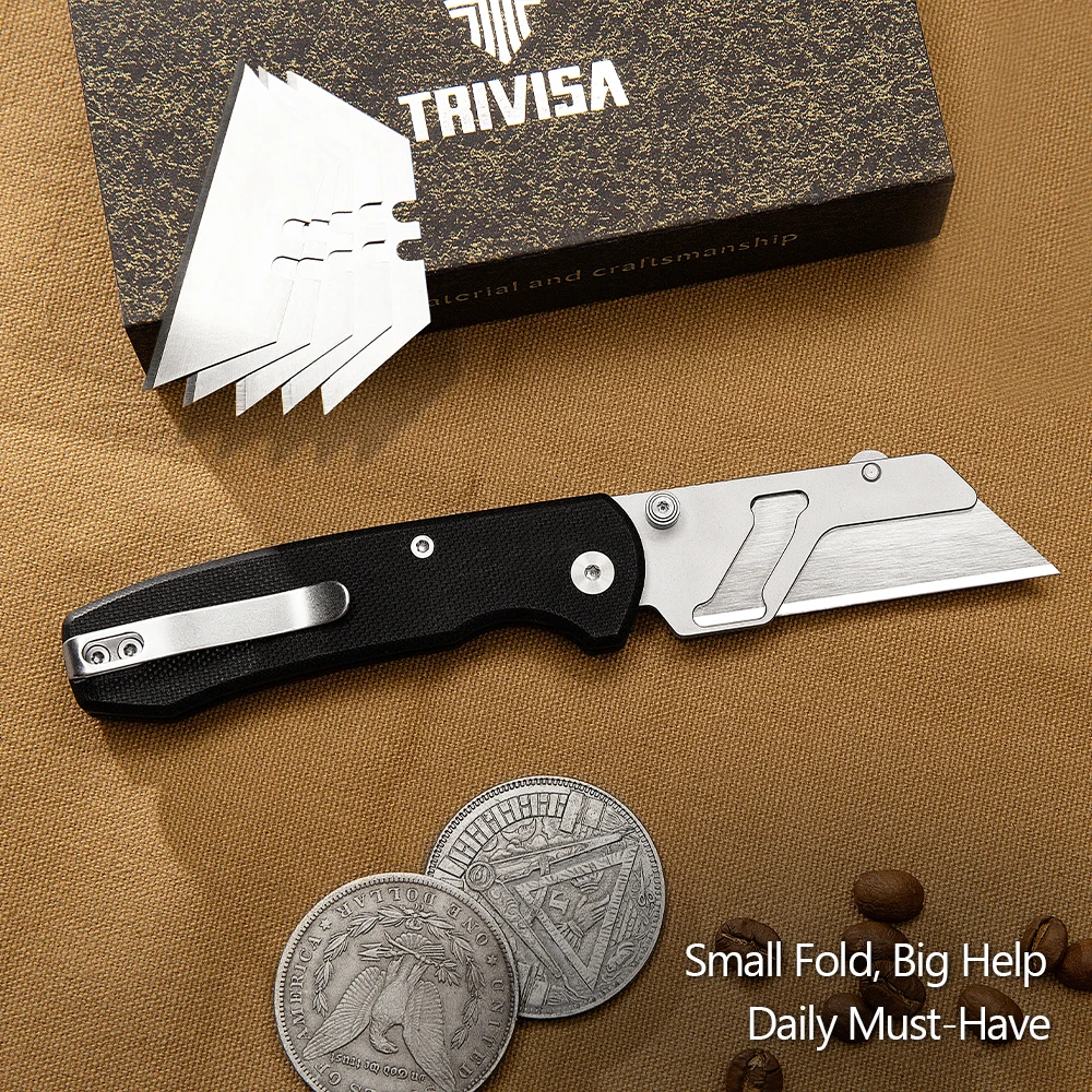 

TRIVISA Folding Utility Puppy Knife 6pcs SK5 Quick-Change Blade G10 Handle for Carboard Boxes Cutter Outdoor Cutting Hand Tool
