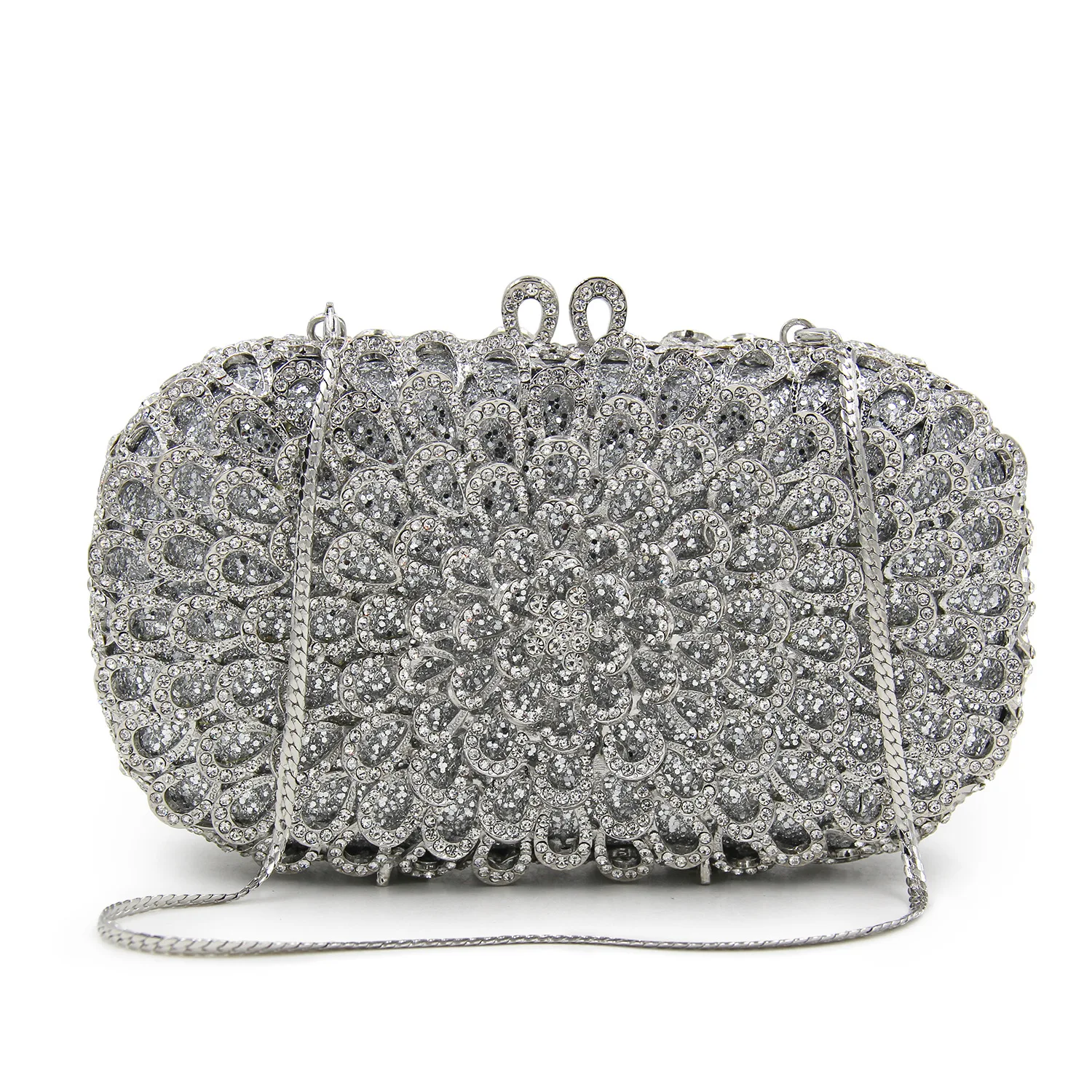 Factory Wholesales Women Silver Handbag Opal Clutch Purse Rhinestone Diamond Inlaid Hollow Evening Handbag for Wedding Party