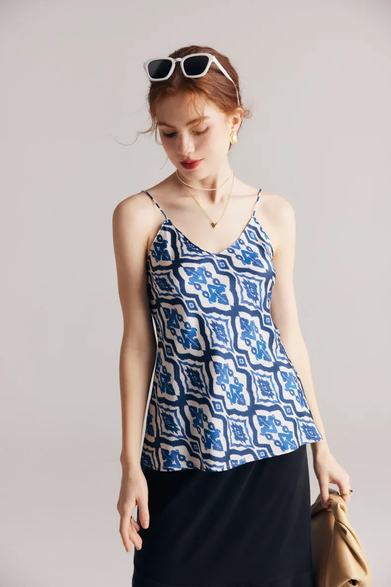 Printed 100% Mulberry Silk Tank Top Women Camisole 2024 Spring Summer Sleeveless Basic Shirts Sexy V-Neck Commuting Underwear