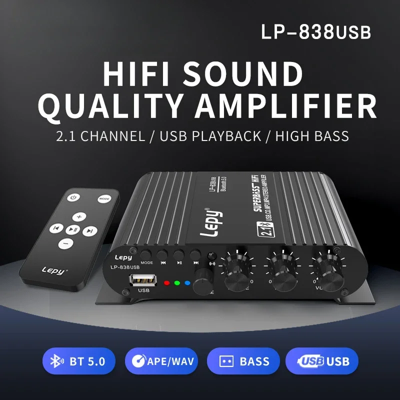 Bluetooth 5.0 Amplifier 2.1 3 Channel Super Bass Support USB Lossless Music Play With Remote Control Digital Amp LP-838USB