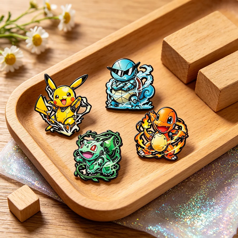 

4pcs Mechanical Pokemon Enamel Pins Set Charmander Squirtle cartoon character Cool Enamel Pin Brooch Badges Collection for Fans