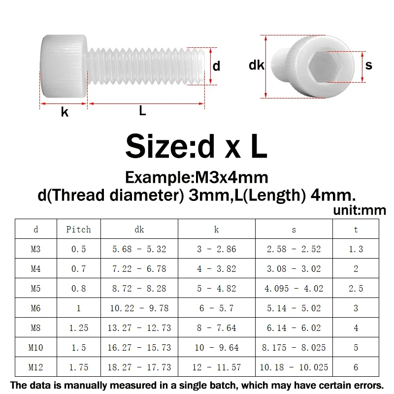 M3 M4 M5 M6 M8 M10 Black/White Nylon Hexagon Hex Socket Head Screw Cup Head Knurled Plastic Bolt DIN912 for Insulation Use
