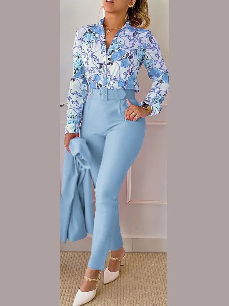 Casual Long Sleeve Shirt Pants Set Office Lady Fashion Elegant Floral Print Trousers Two Piece Set Women Outfit Spring Autumn