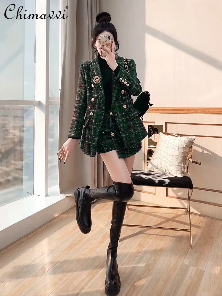 High-End Fashion Preppy Style Shorts Suit 2024 Autumn Clothes New Plaid Long Sleeve Blazers Coat Ladies Elegant Two-Piece Set