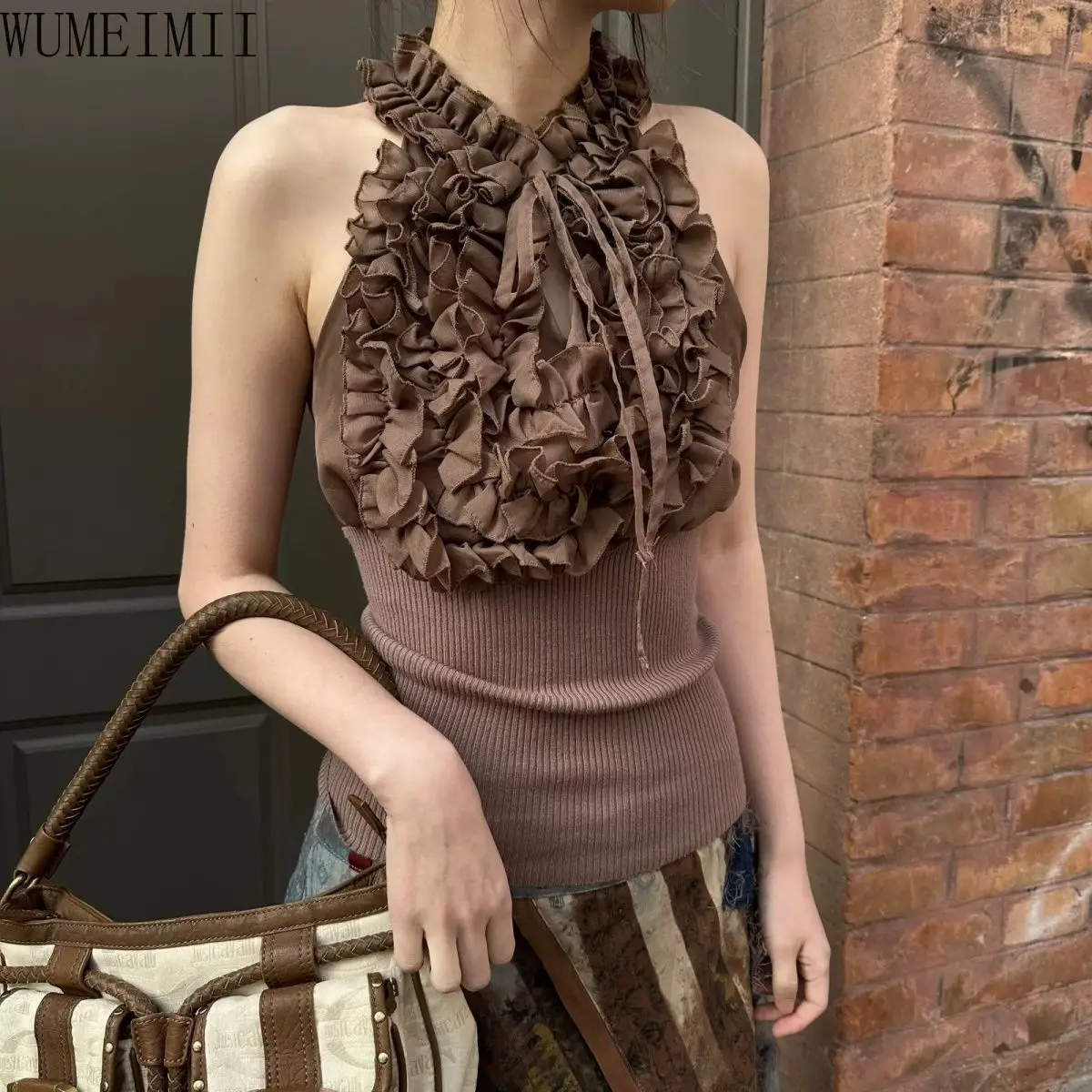 

Wasteland wind old feeling rose neck vest thin backless strap short top women's summer women clothes