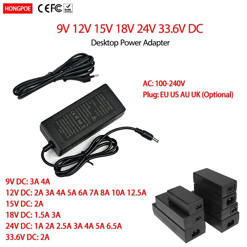 HONGPOE 9V 12V 15V 18V 24V 33.6V DC Desktop Power Adapter 100-240V AC Multi Voltage Switching Power  for LED Lights Router CCTV