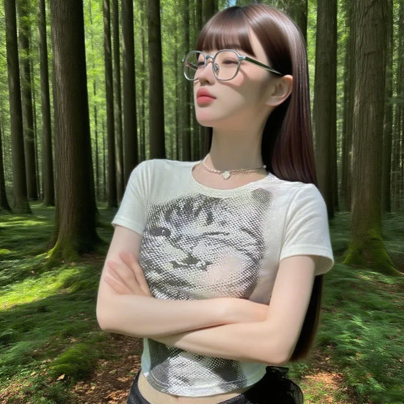 

Повседневная облегающая футболка для женщин y2k в стиле ретро с животным принтом, короткий топ, базовая белая футболка с короткими рукавами и круглым вырезом для женщин