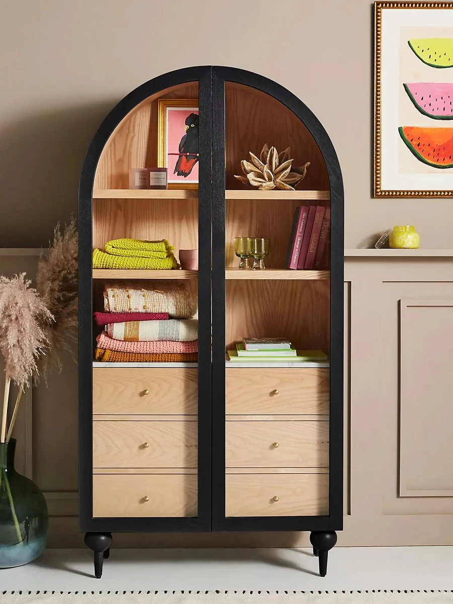 Armoire de rangement en verre à double porte arquée, bibliothèque rétro, buffet