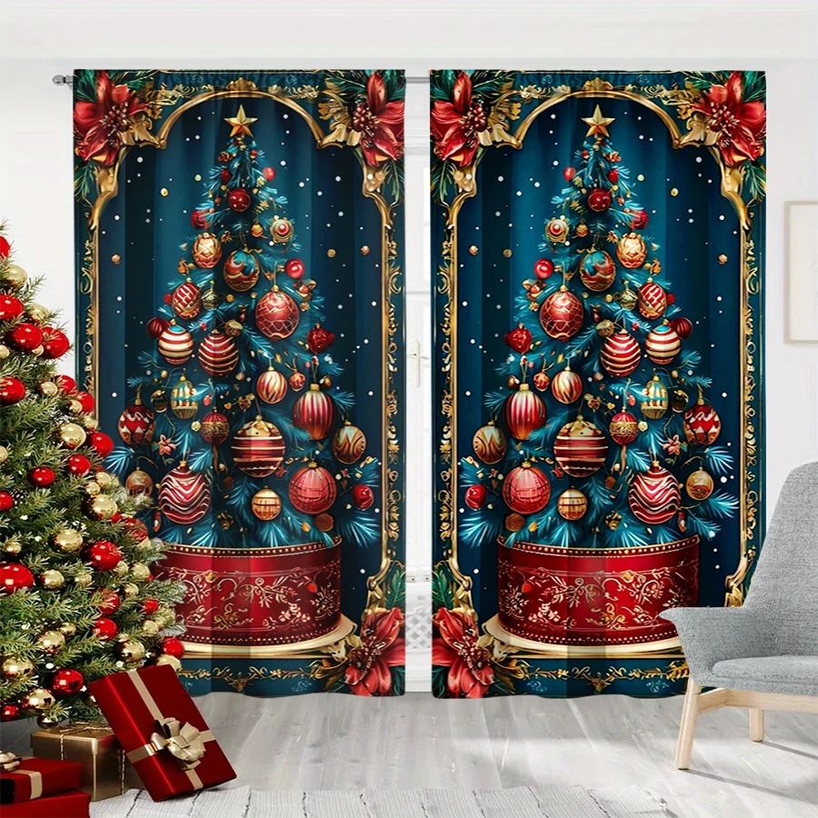 2PCS Christmas Winter Curtains, Luxury Christmas Tree Poinsettia Gold Frame, Digital Print, Bedroom Living Room, Home Decor