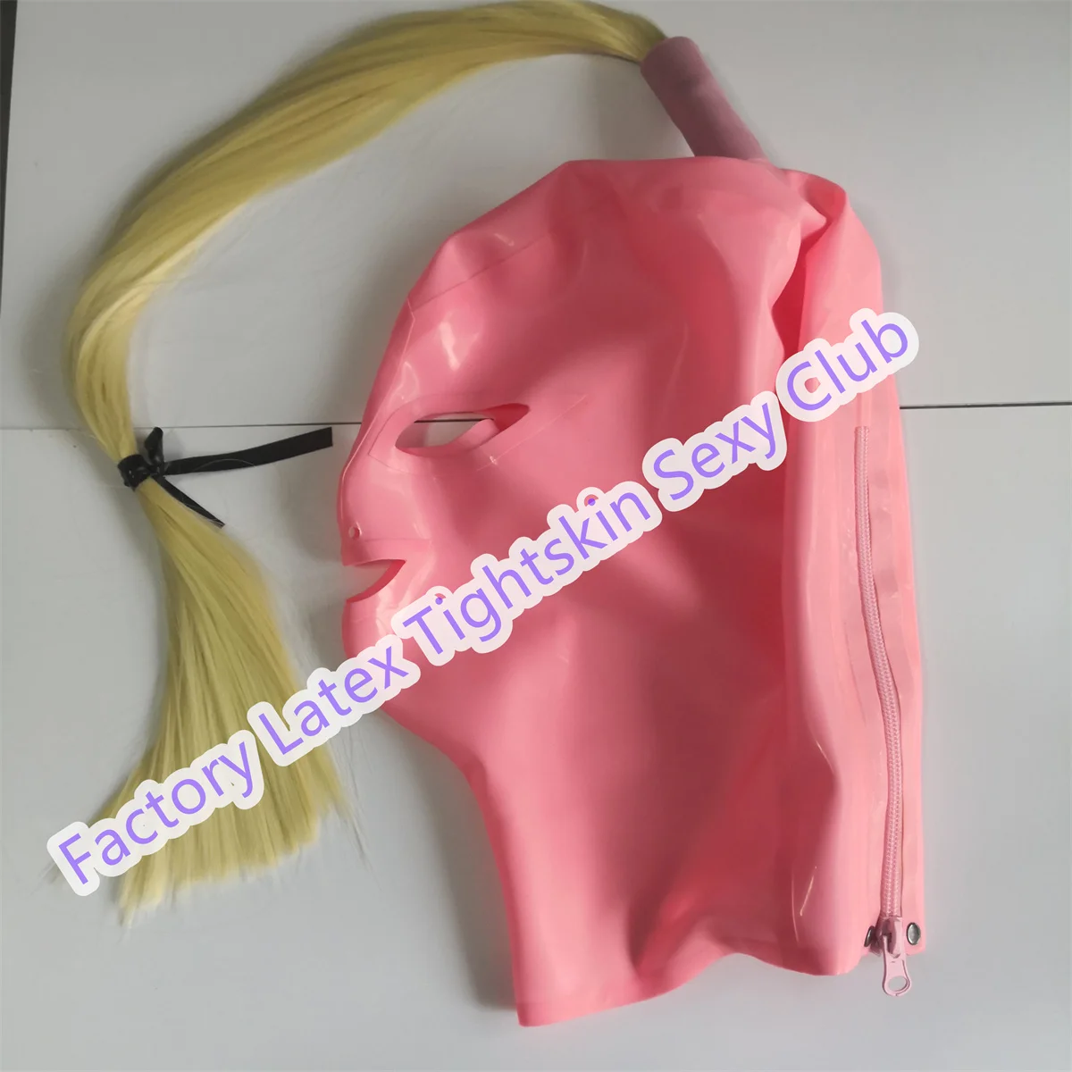 

Latex Hood Back Zipper Pink with Wig for Catsuit Rubber Mask Cosplay Club Wear Costume