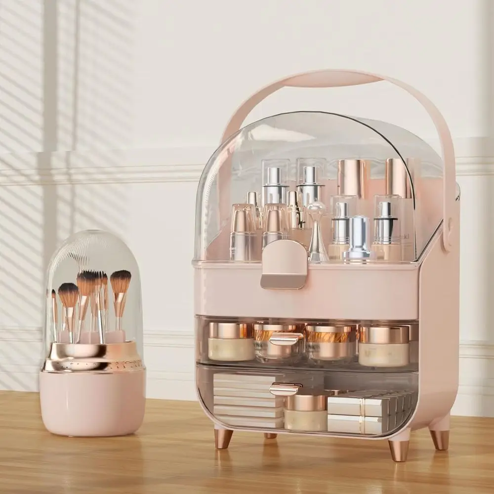 

Makeup Organizer Countertop & 360° Rotating Makeup Brush Holder, Skincare Holder with Lid and Drawers, Storage Box Cosmetic Disp