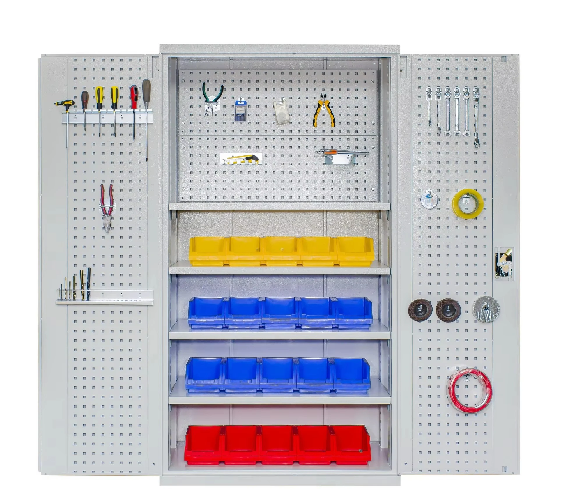 Lockable Heavy Steel Tool Cabinet, 4-Layer Garage Storage, Double Door with Pegboard, Hardware Organizer