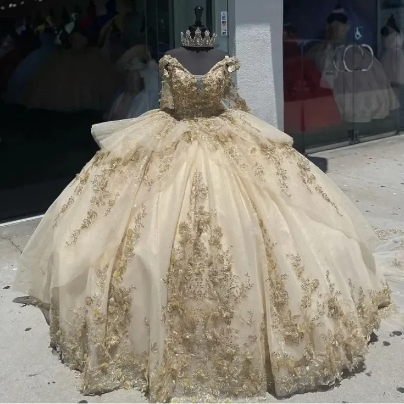 

ANGELSBRIDEP Роскошные платья Quinceanera цвета шампанского, бальное платье с открытыми плечами, кружевная аппликация, бусины, тюль, милое платье 16,