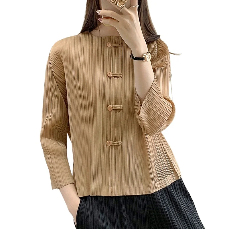 

Miyake Pleated Top Women's Jacket Autumn Retro Chinese Style High-end Long Sleeved Shirt Chinese Style Button Up Temperament Top