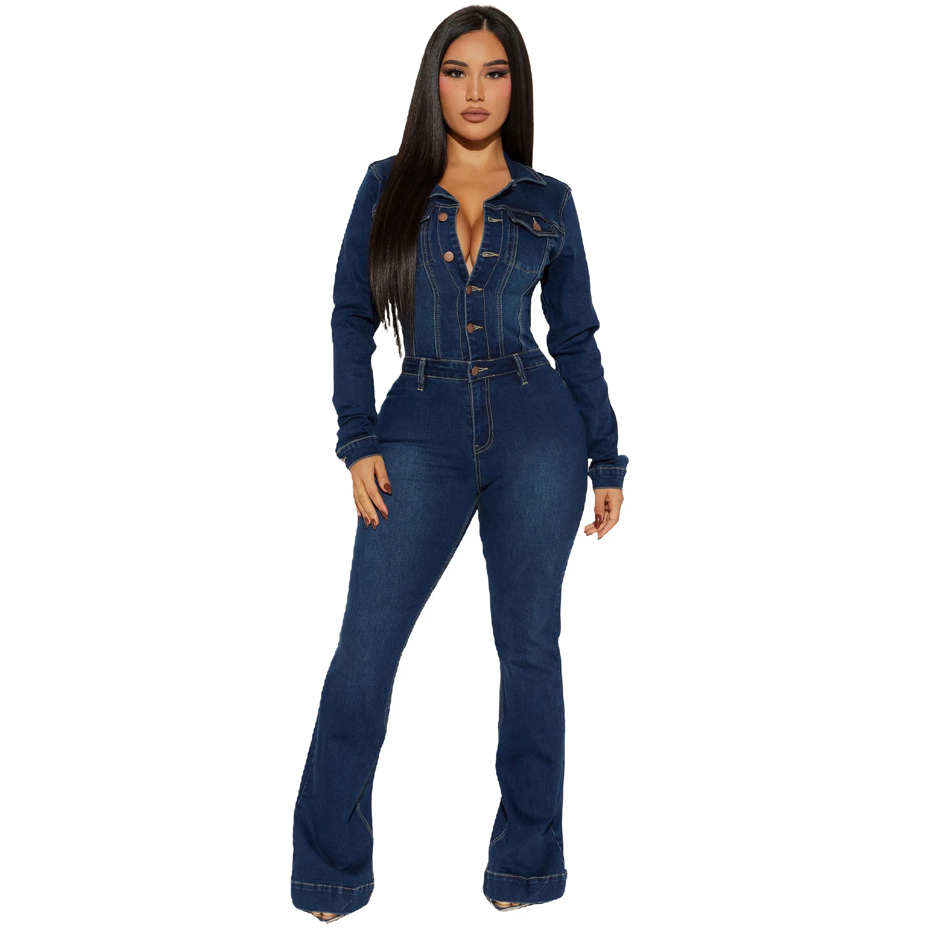 

Women's Washed Denim Jumpsuit, Slim Fit, Elastic, Flare Pants, Long Sleeved Overalls, One Piece
