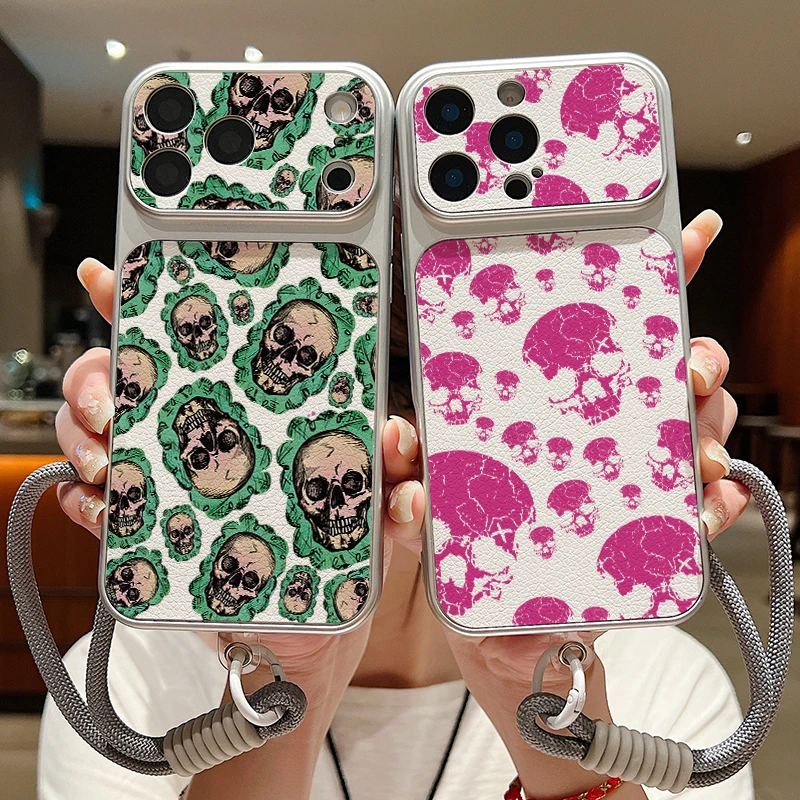 Leather Texture Phone Case For iPhone 17 Pro 16 15 14 13 Pro Max Creative Skull Pattern Wrist Strap Lanyard Soft TPU Matte Cover view 2